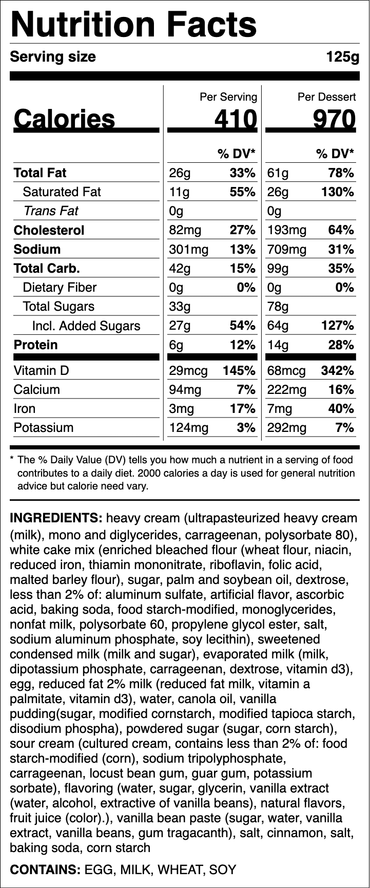 Nutrition label for Tres Leches Cake