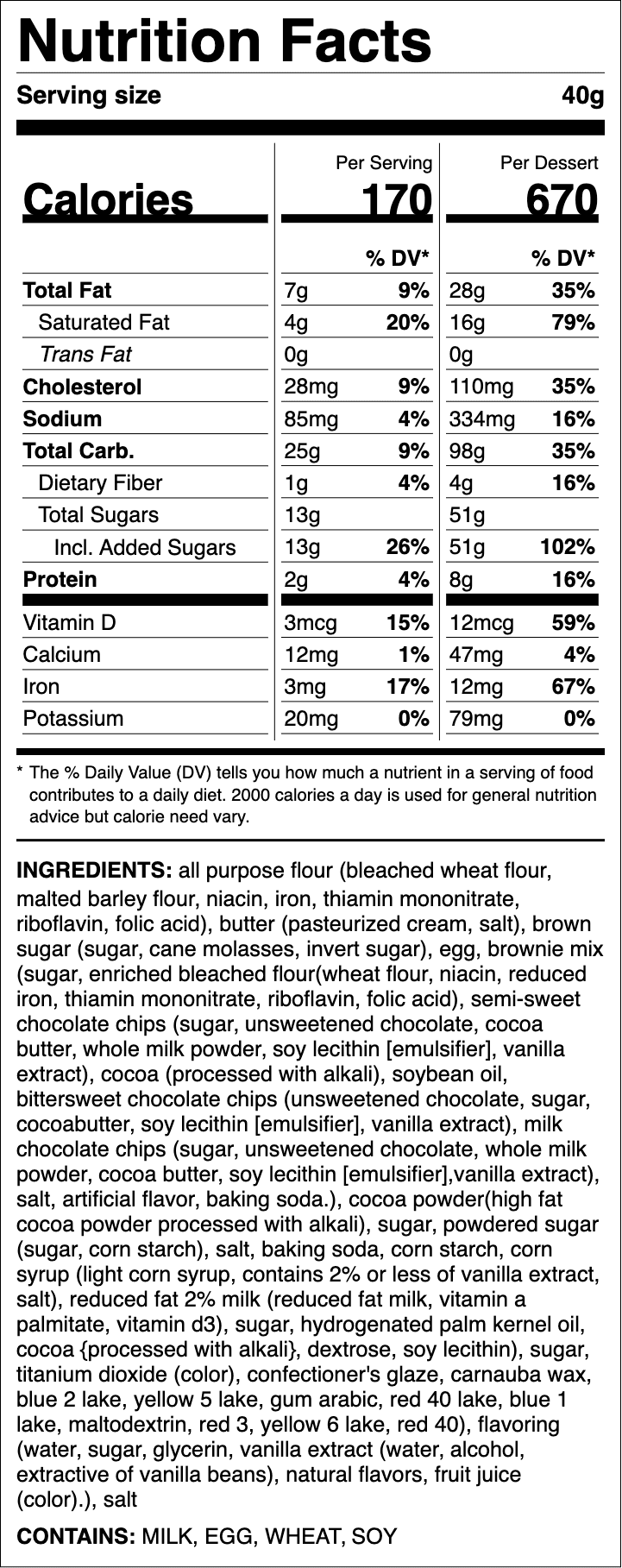 Nutrition label for Galaxy Brownie