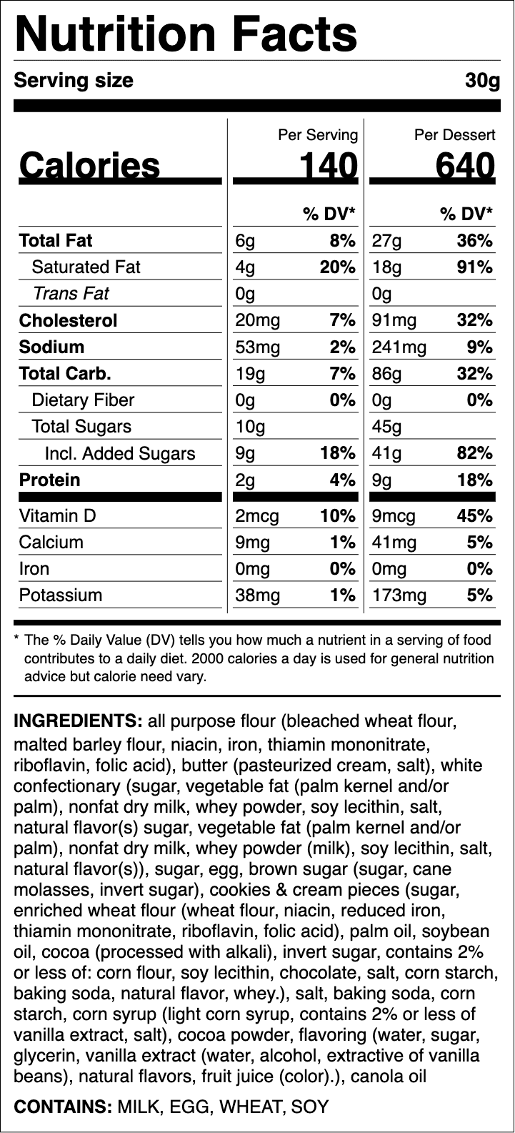 Nutrition label for Cookies & Cream
