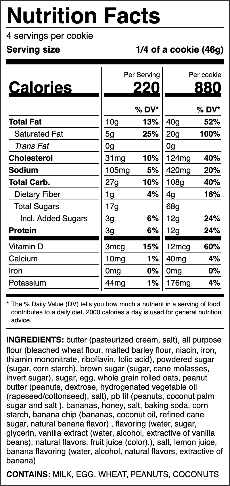 Nutrition label for Peanut Butter Banana