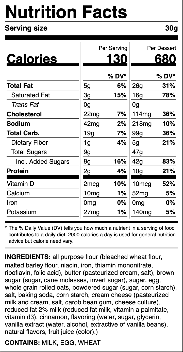 Nutrition label for Iced Oatmeal