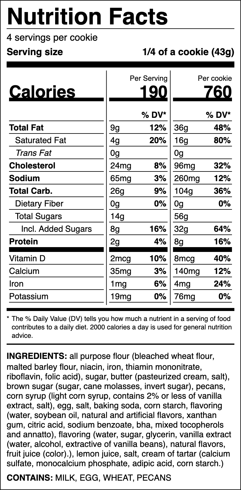 Nutrition label for Pecan Pie Cookie