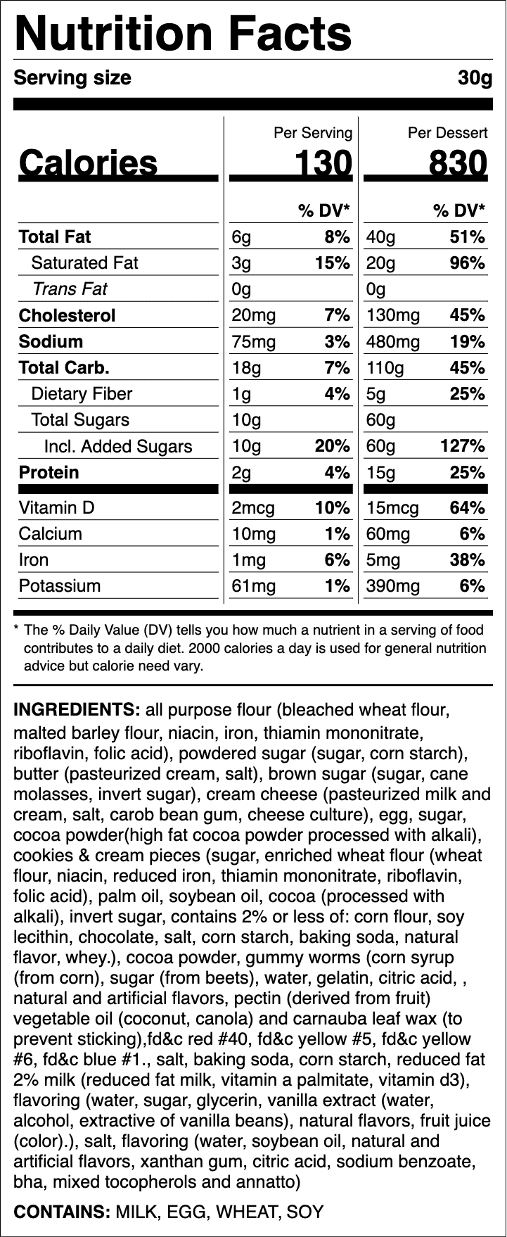 Nutrition label for Dirt Cake