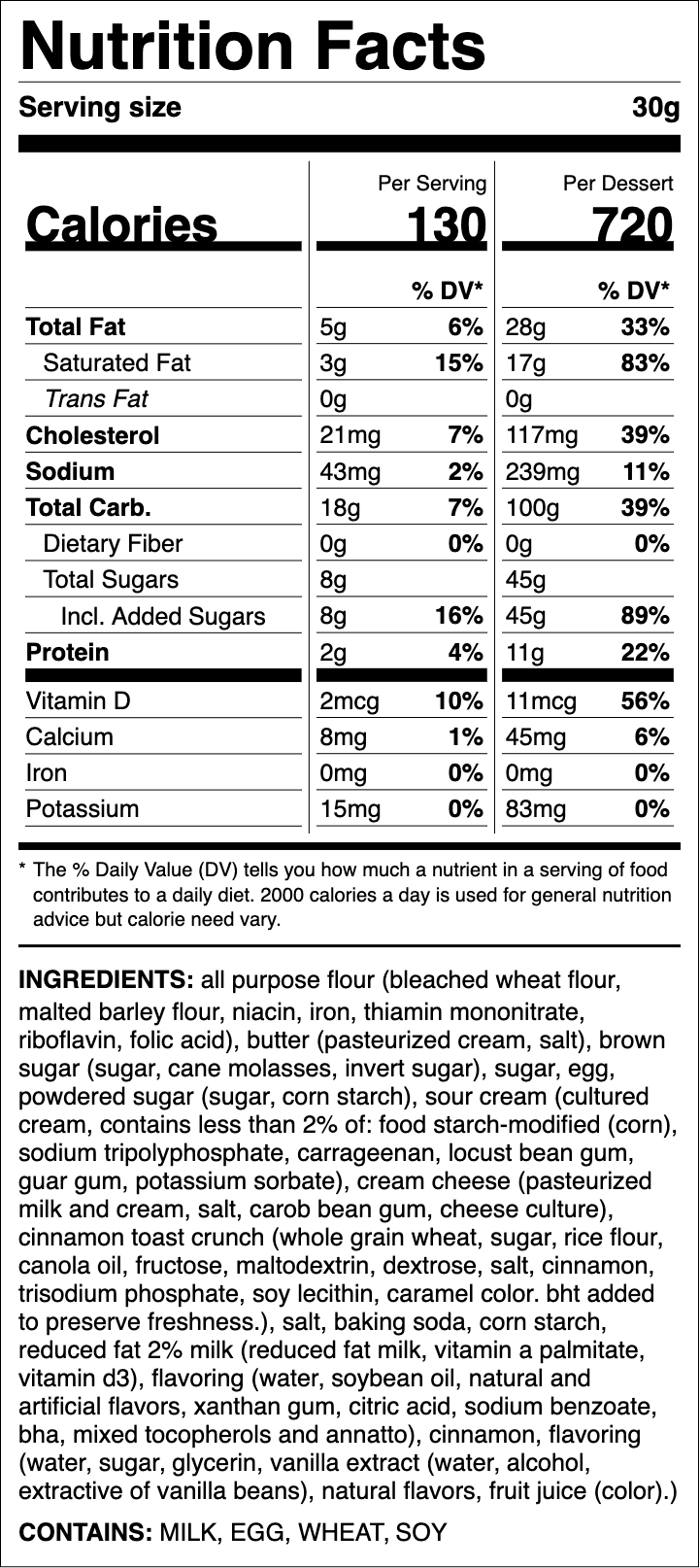 Nutrition label for Cinnamon Crunch