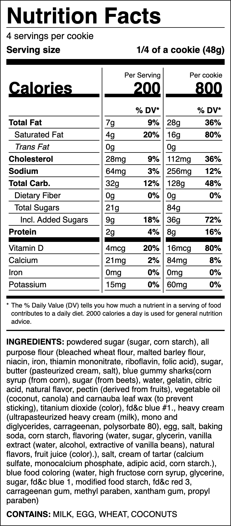 Nutrition label for Sugar Shark