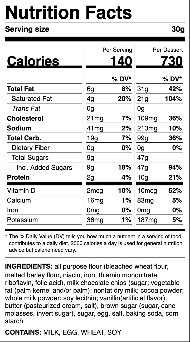Nutrition label for Milk Chocolate Chip