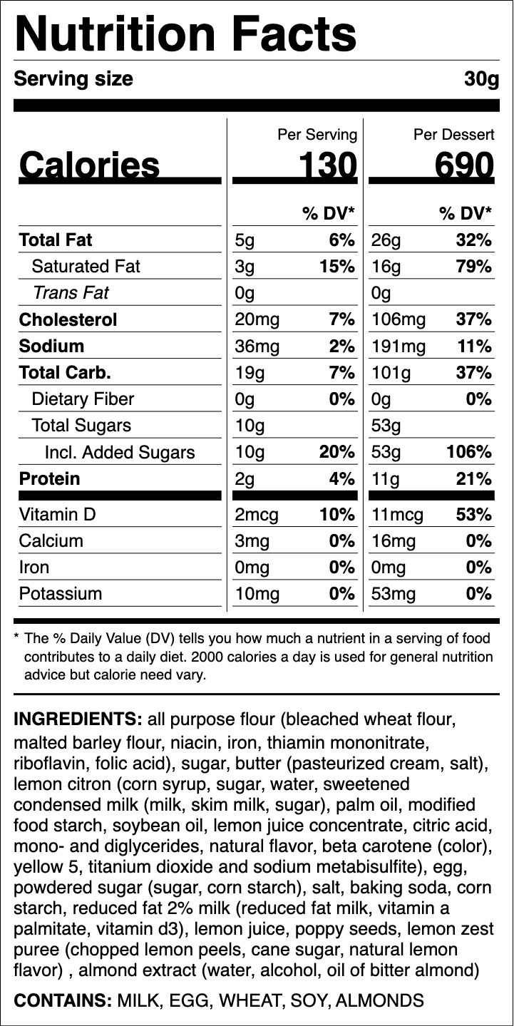 Nutrition label for Lemon Poppy Seed