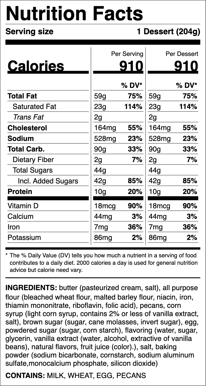 Nutrition label for Pecan Pie