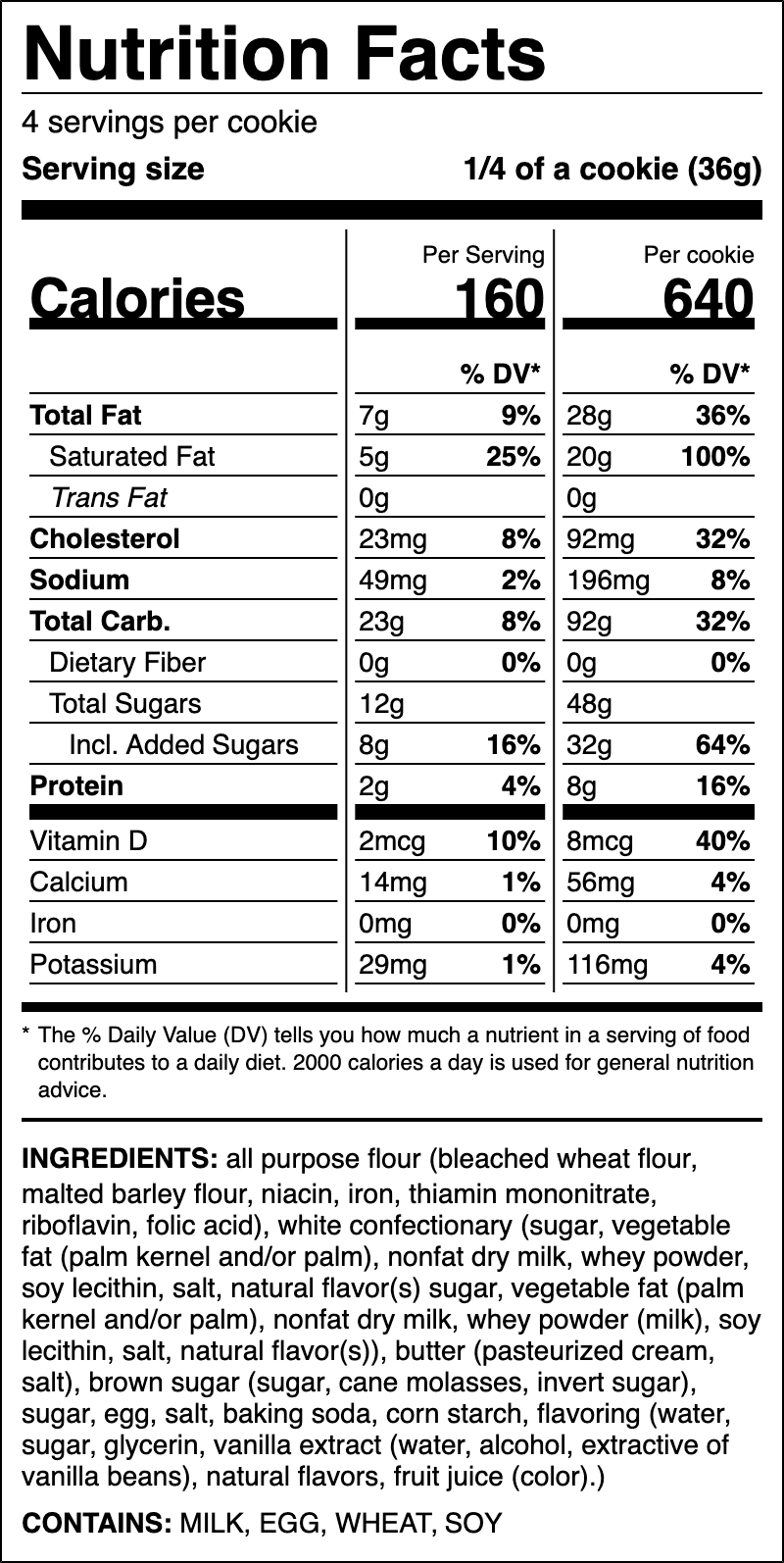 Nutrition label for White Chocolate Chip