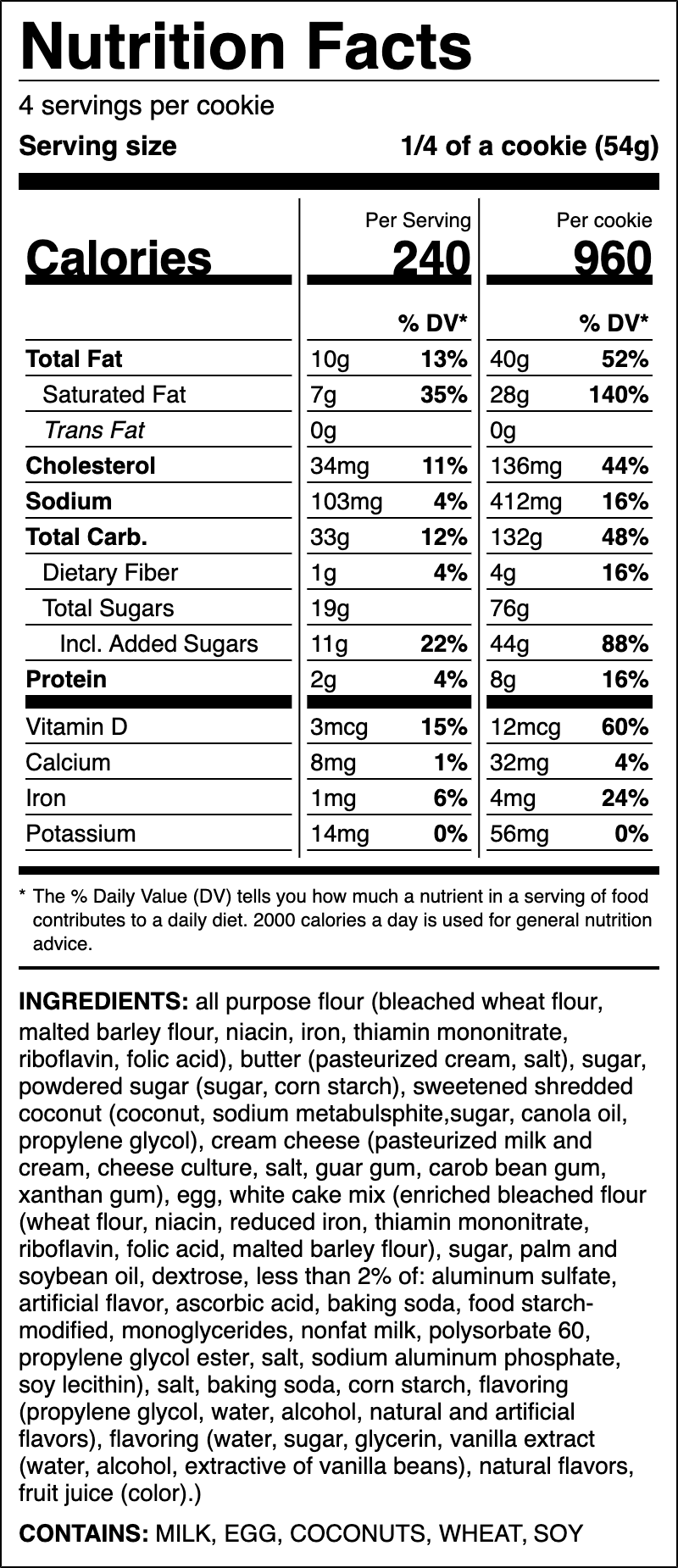 Nutrition label for Coconut Cake