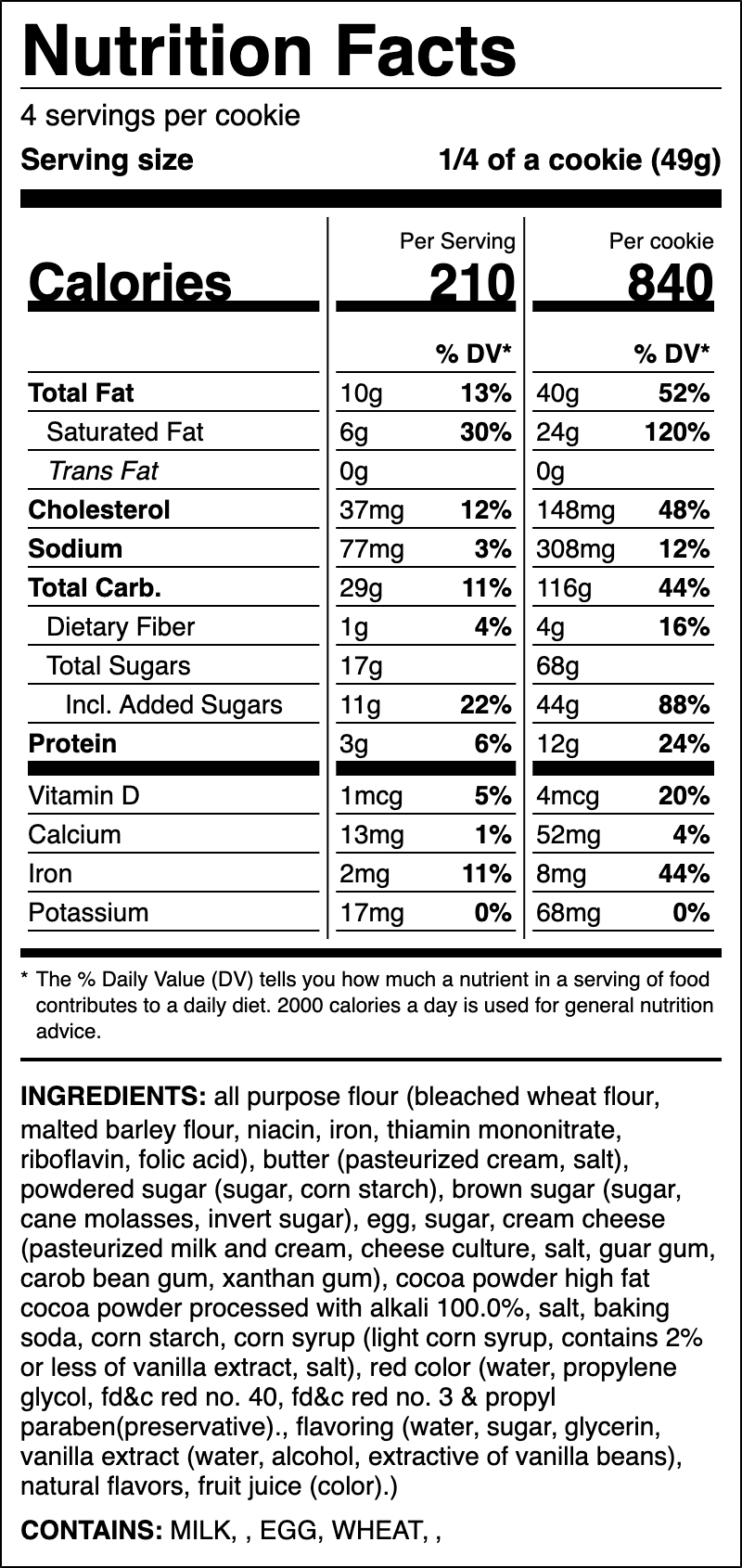 Nutrition label for Red Velvet Cupcake