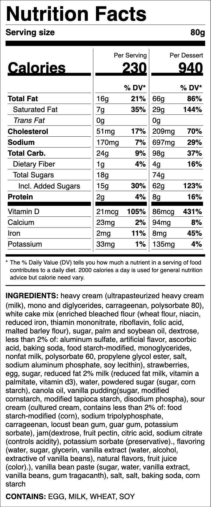 Nutrition label for Strawberry Shortcake