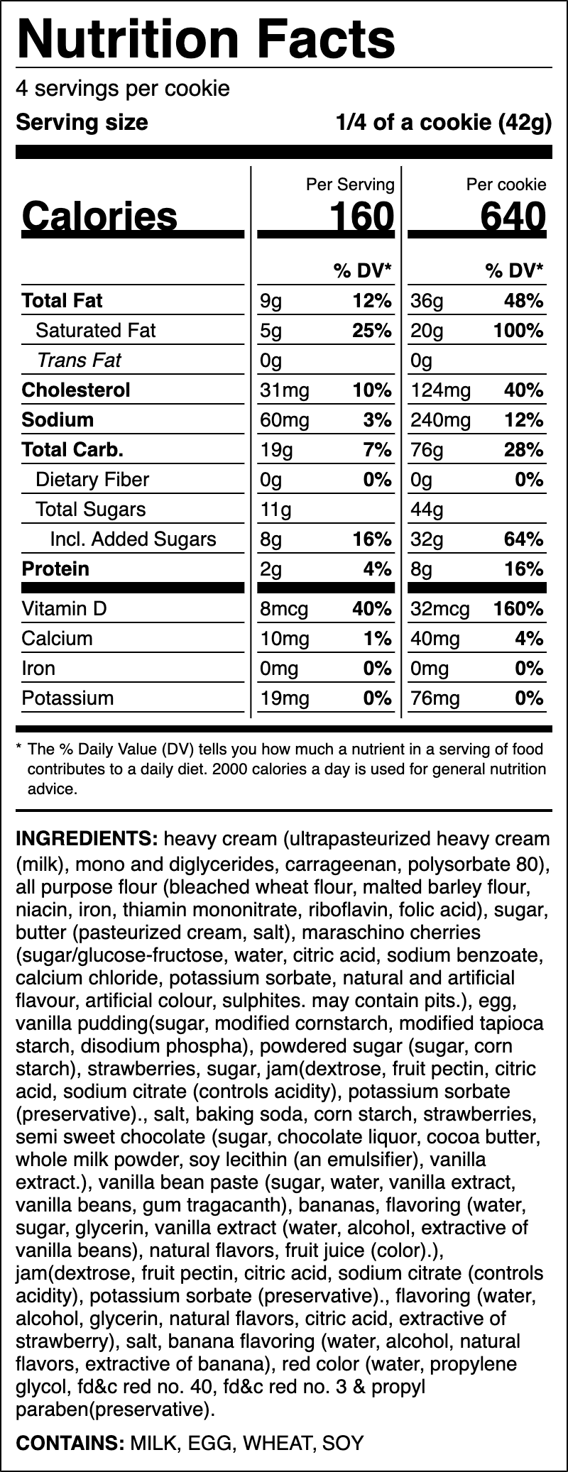 Nutrition label for Banana Split