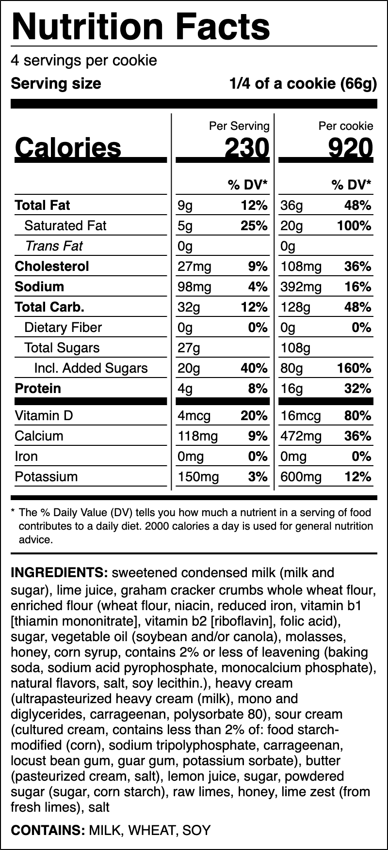 Nutrition label for Key Lime Pie