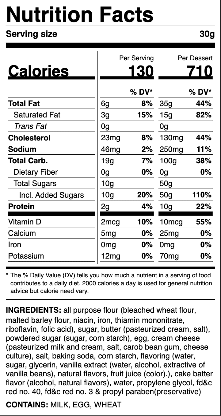 Nutrition label for Pink Velvet Cake Cookie