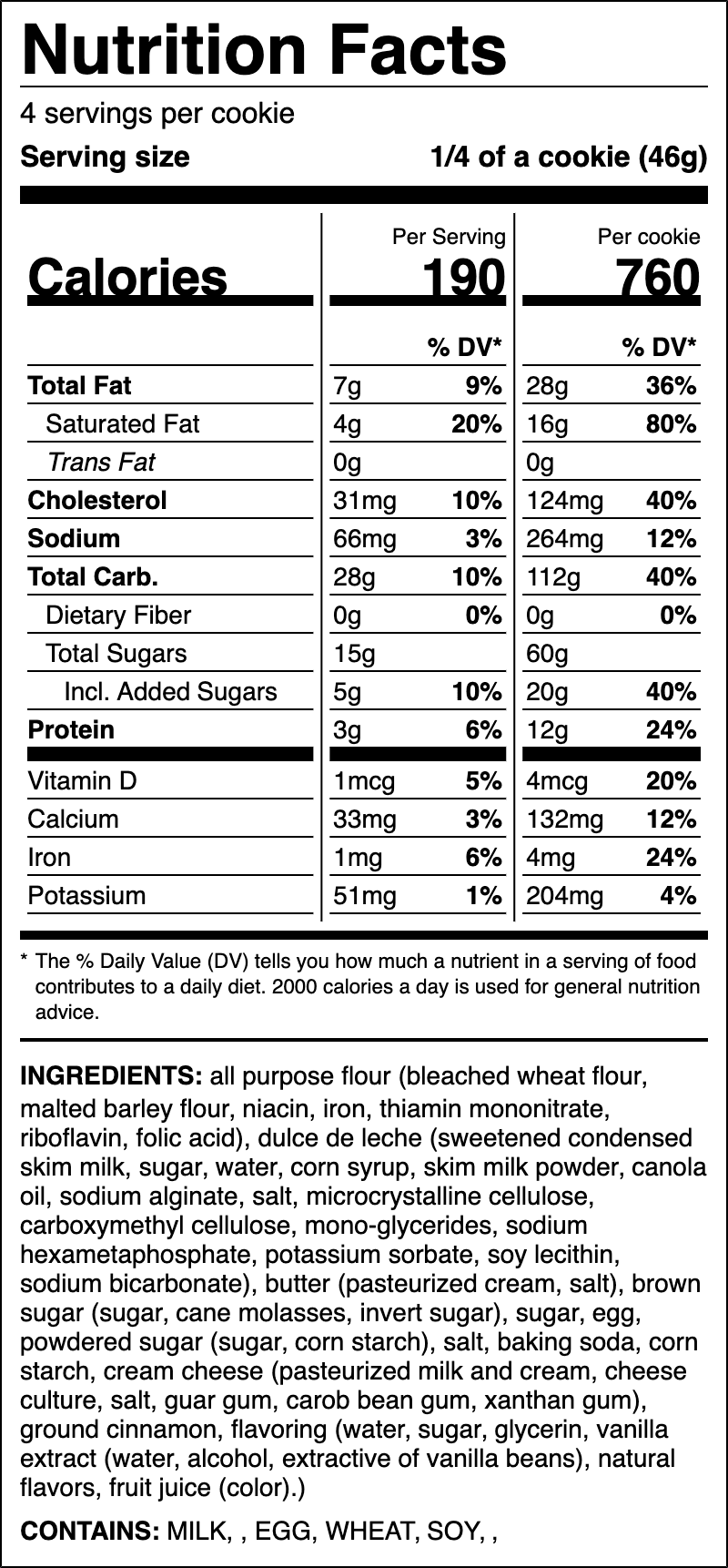 Nutrition label for Dulce De Leche