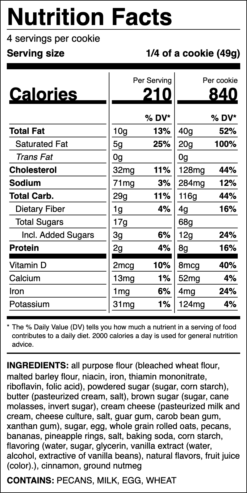Nutrition label for Hummingbird Cake