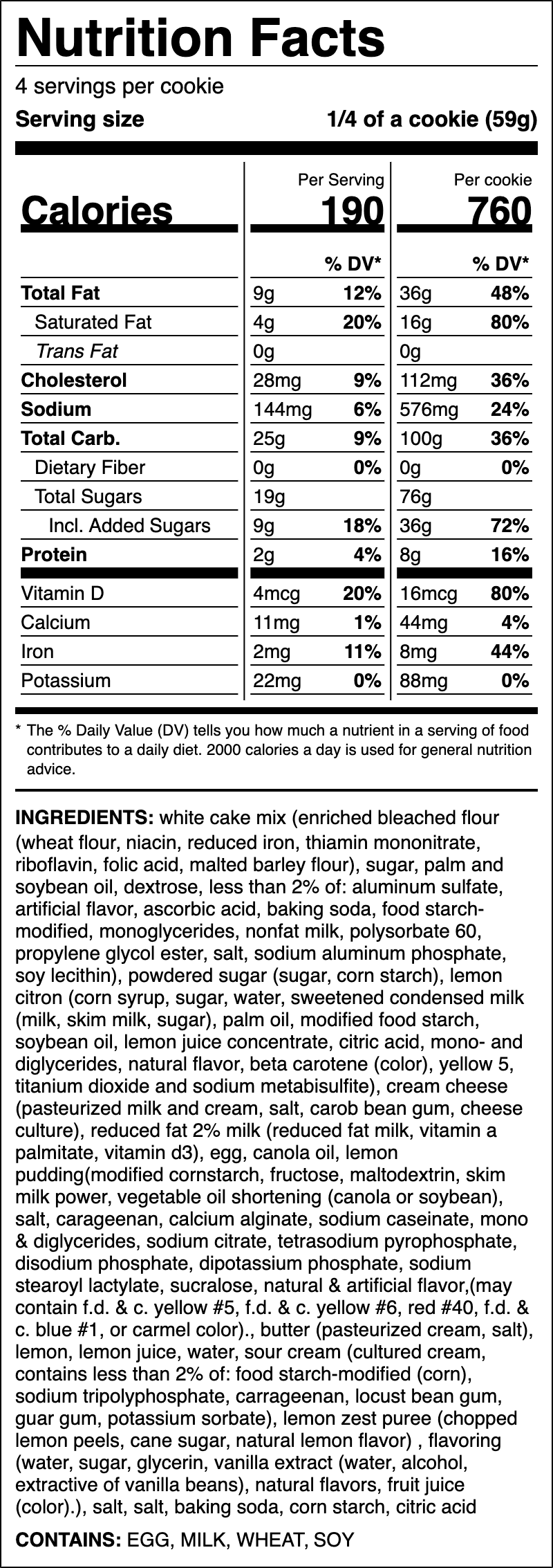 Nutrition label for Lemon Cake