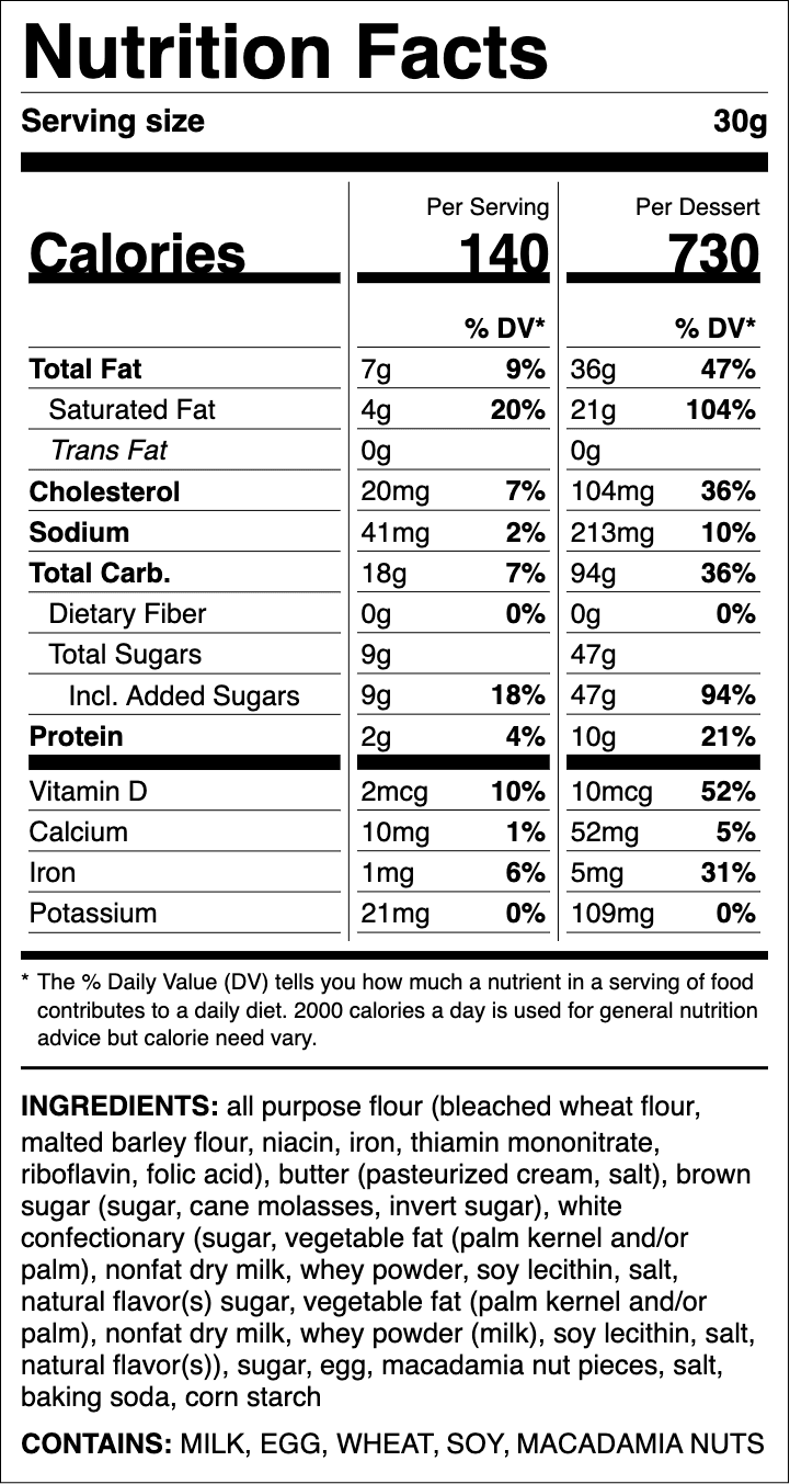 Nutrition label for Macadamia Nut