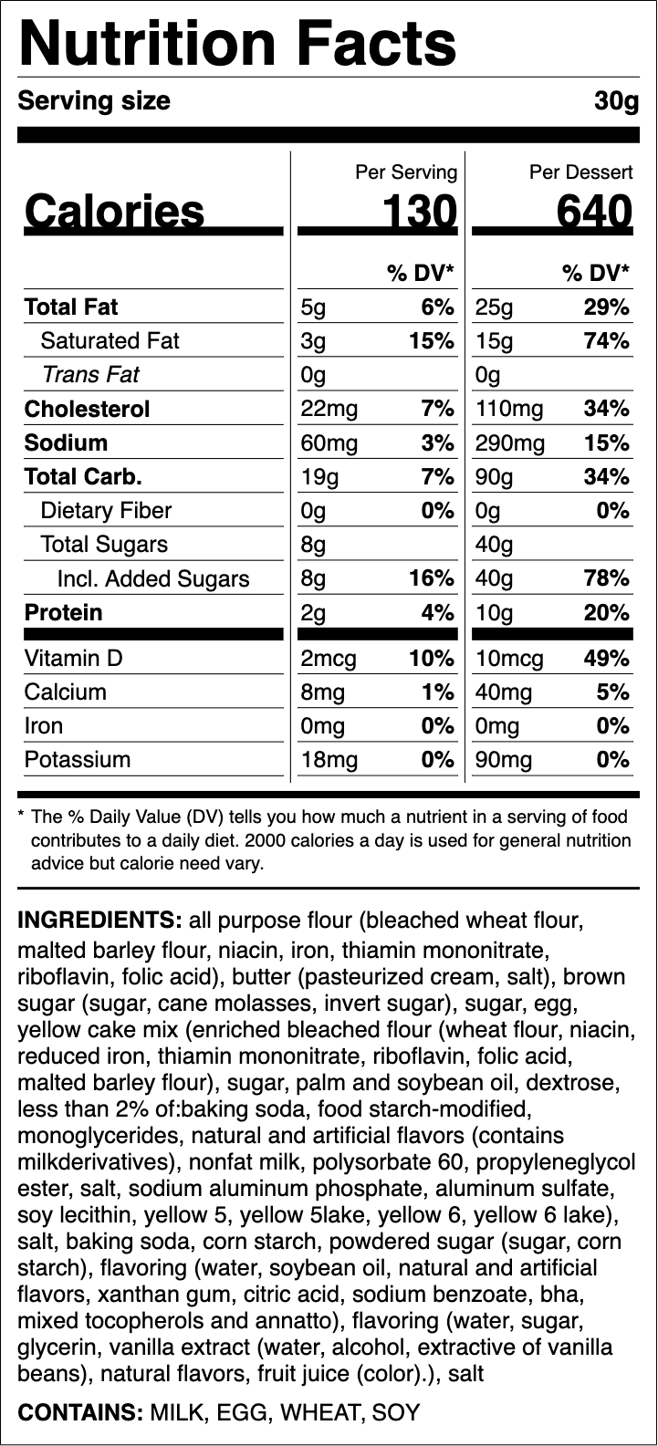 Nutrition label for Kentucky Butter Cake