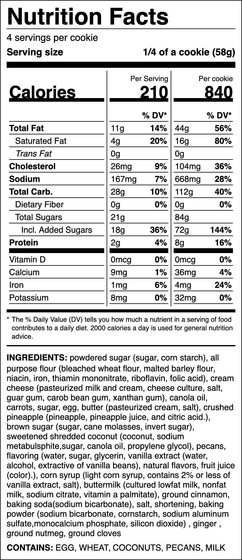 Nutrition label for Carrot Cake