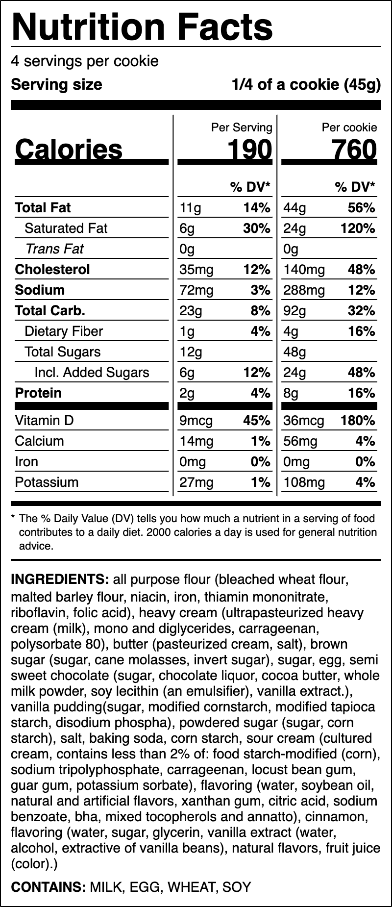 Nutrition label for Cannoli