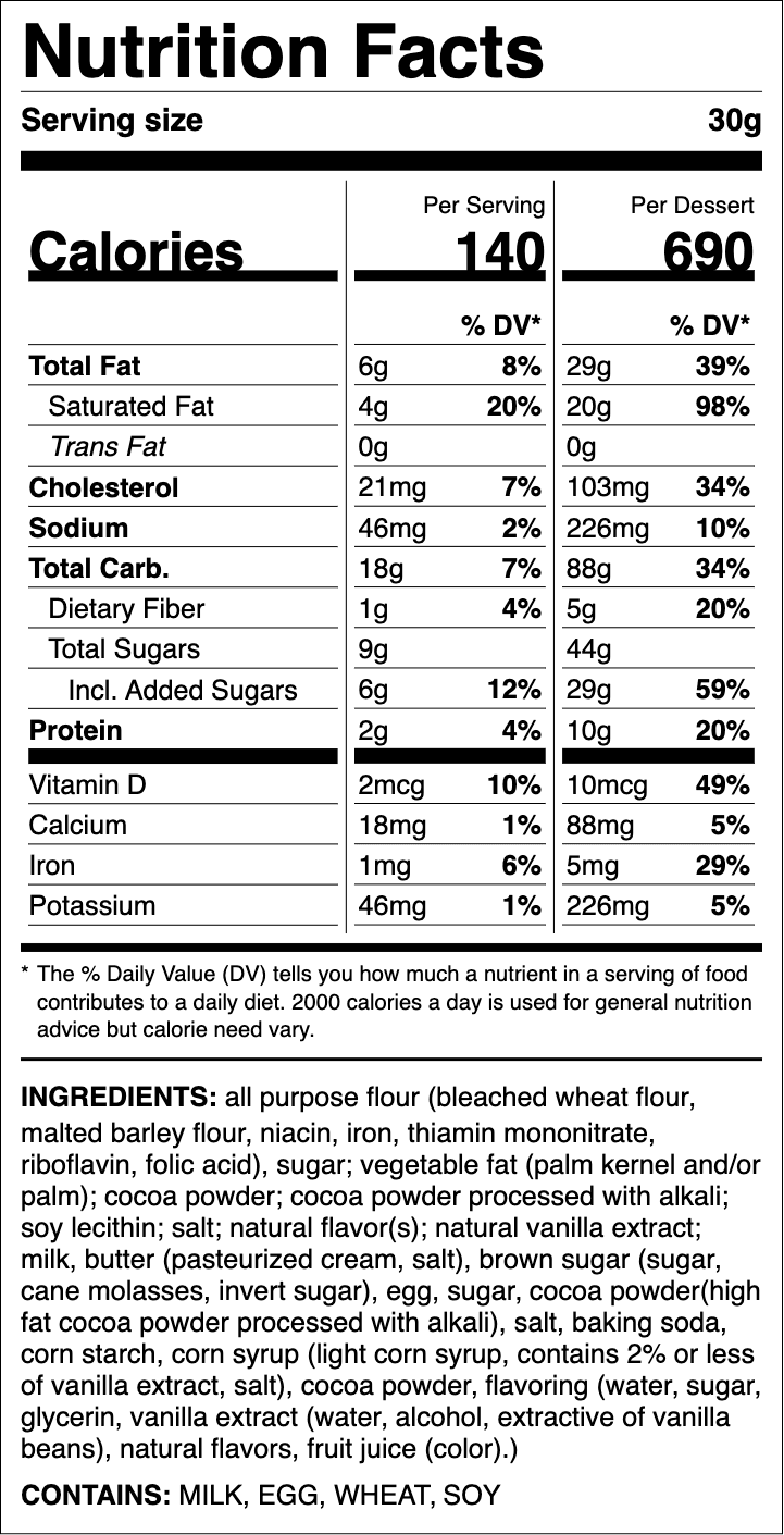 Nutrition label for Brookie