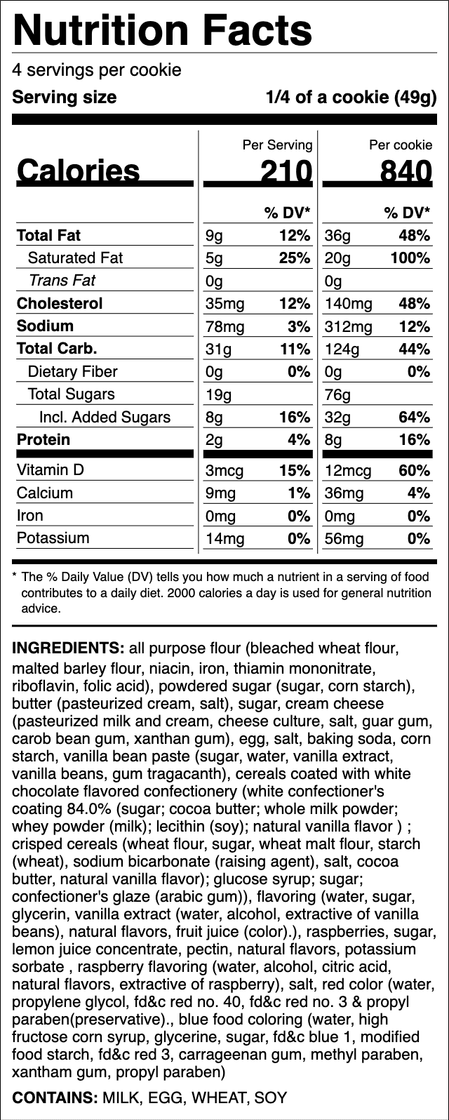 Nutrition label for Wedding Cake