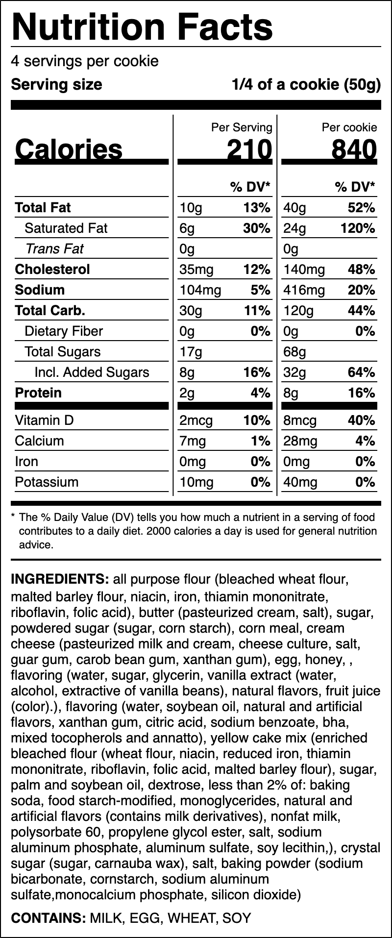Nutrition label for Cornbread Honey Cake