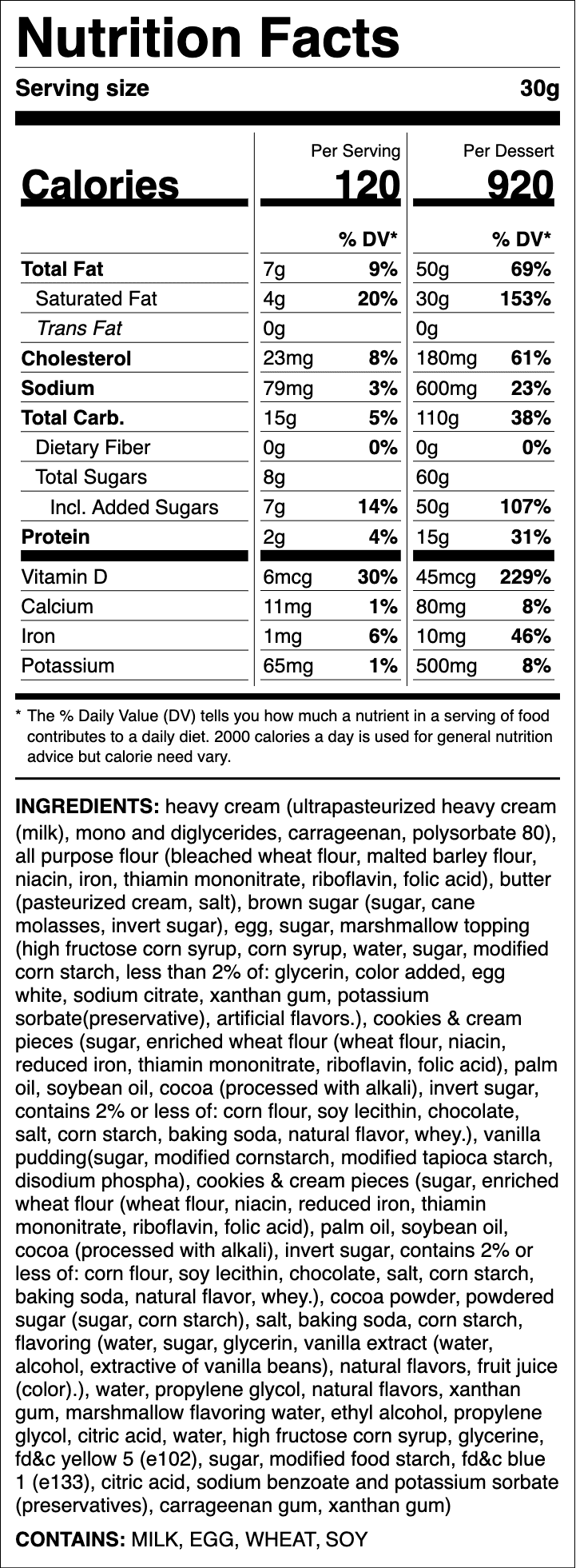 Nutrition label for Mint Mallow Sandwich
