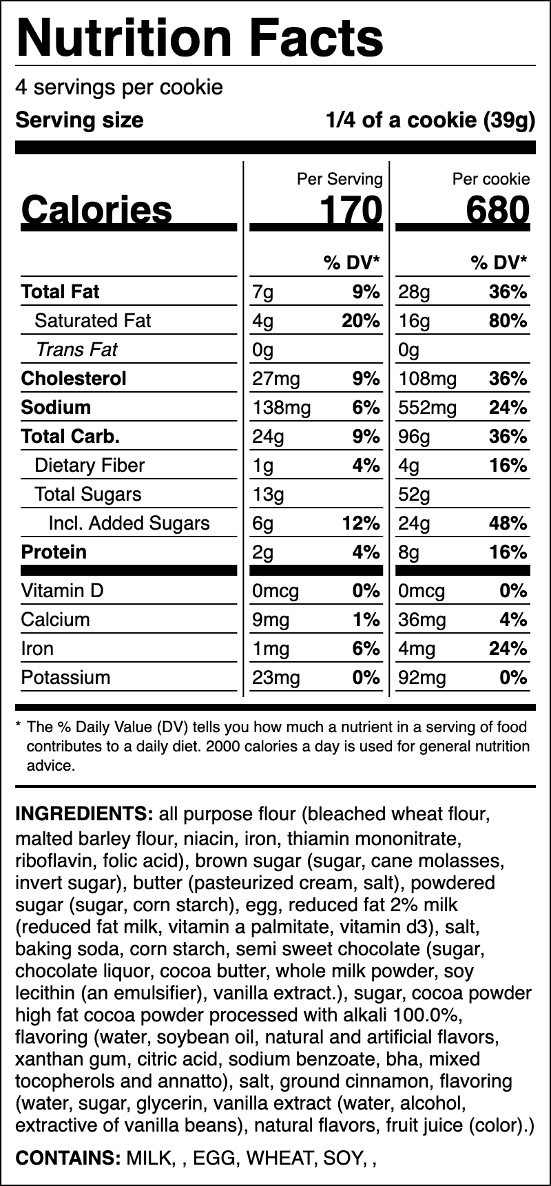 Nutrition label for Chocolate Crumb Cake