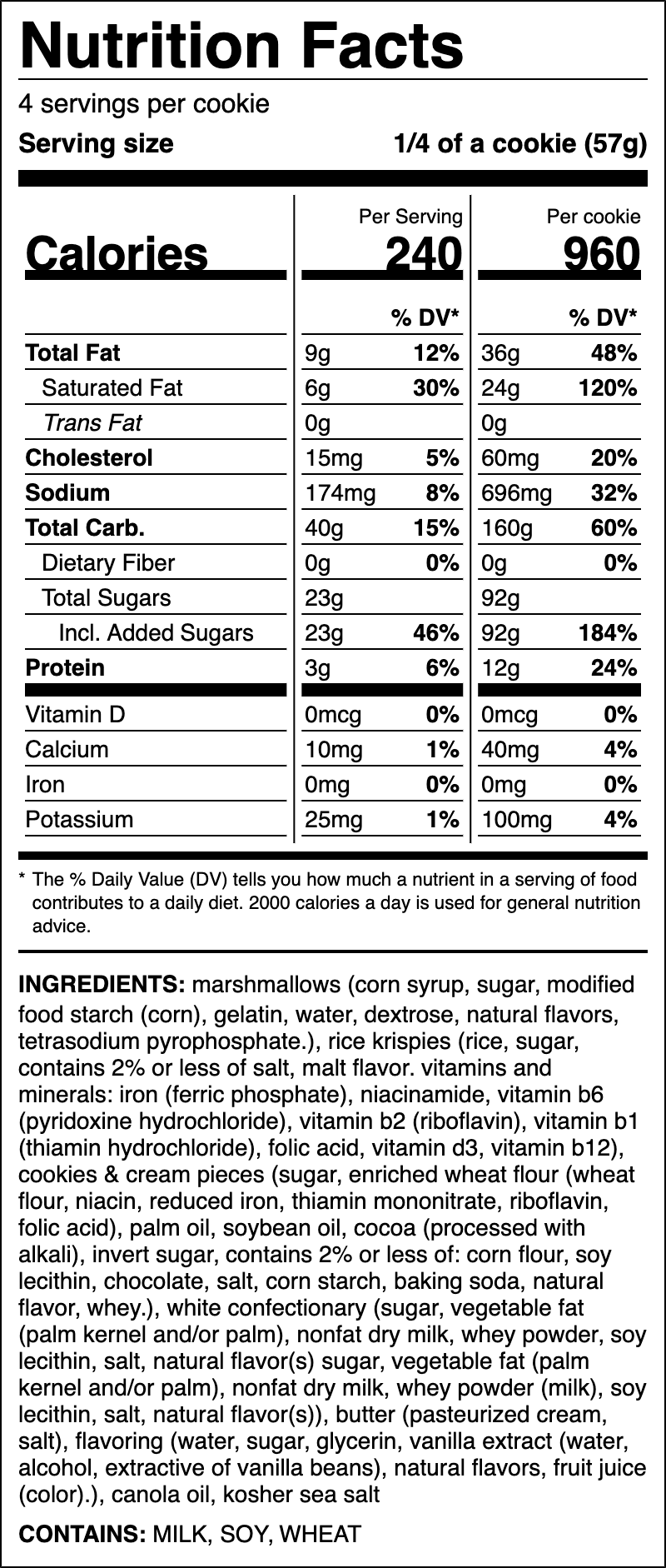 Nutrition label for Cookies & Cream Krispy Bar