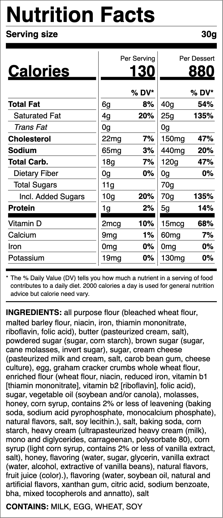 Nutrition label for New York Cheesecake