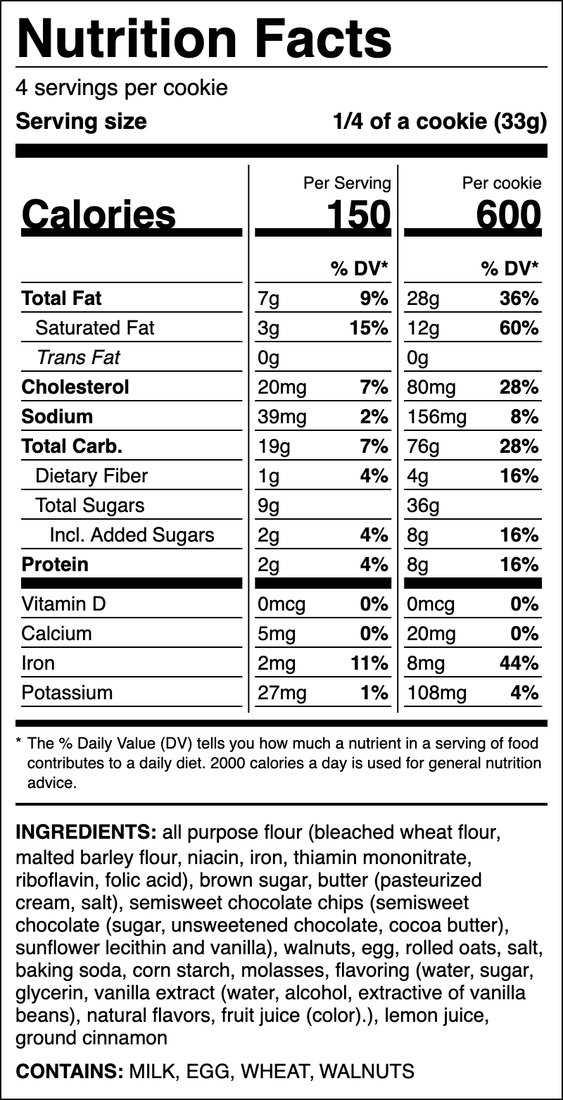 Nutrition label for Walnut Chocolate Chip