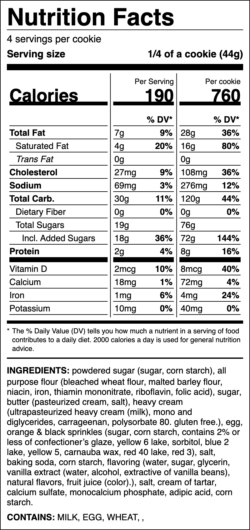 Nutrition label for Vanilla Sugar (Halloween)