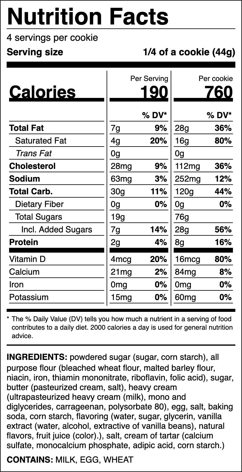 Nutrition label for Vanilla Sugar