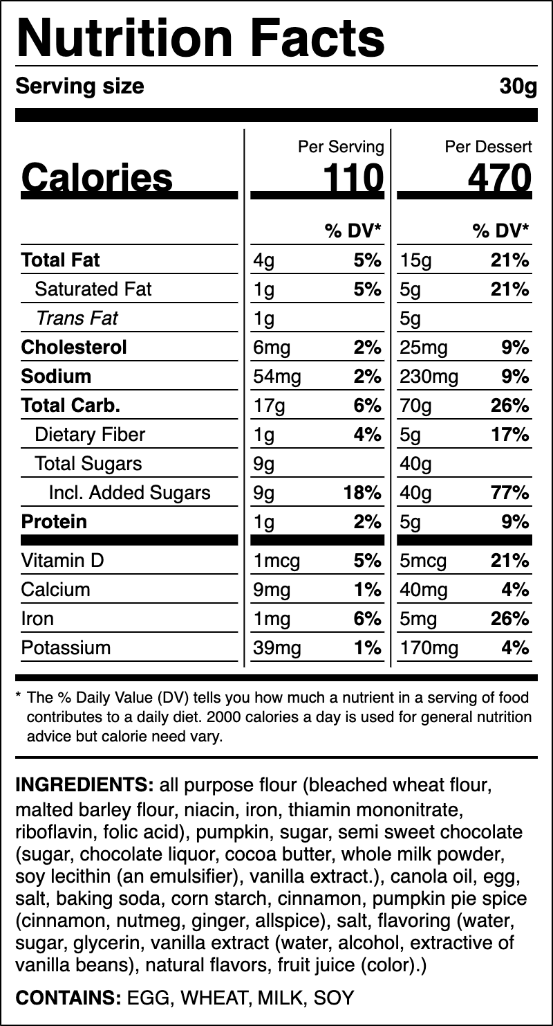 Nutrition label for Pumpkin Chocolate Chip