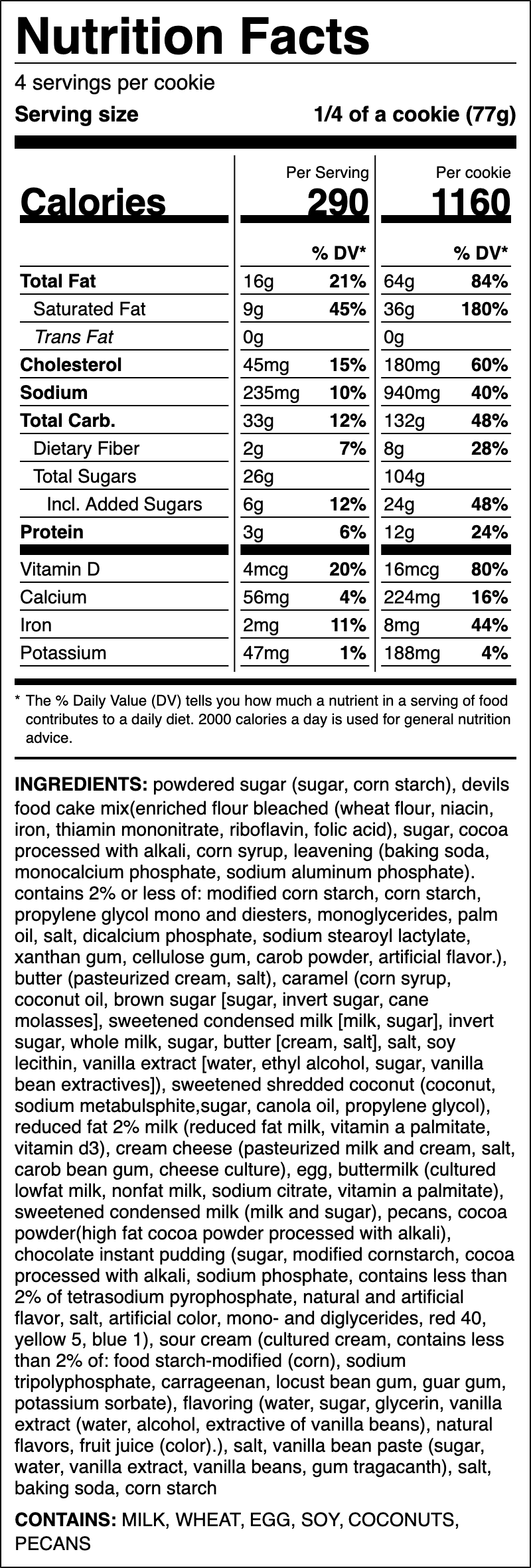 Nutrition label for German Chocolate Cake