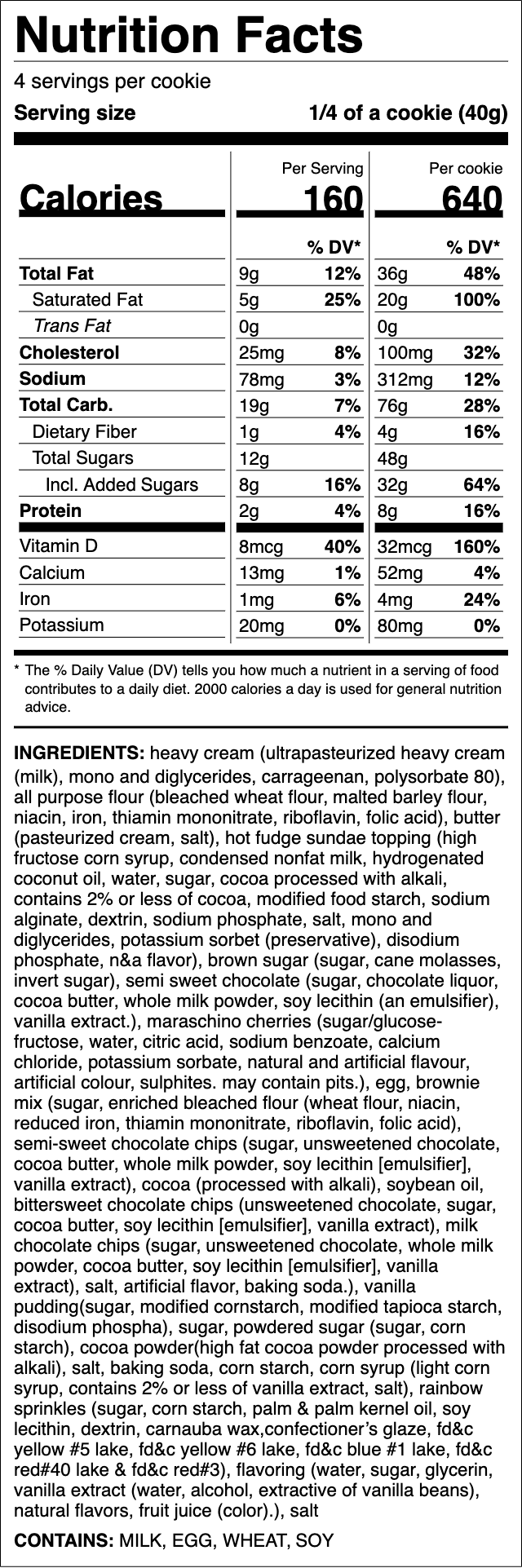 Nutrition label for Brownie Sundae Cookie