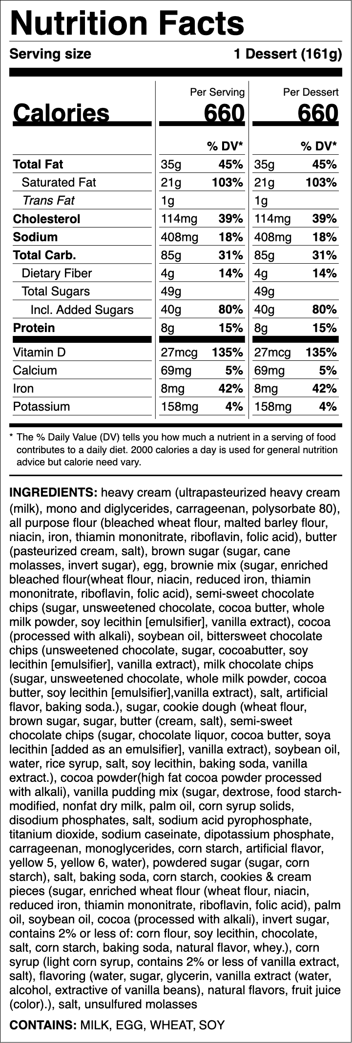 Nutrition label for Brookie Dough Pie