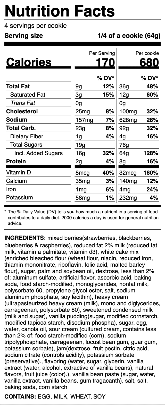 Nutrition label for Berry Trifle Cake Cup