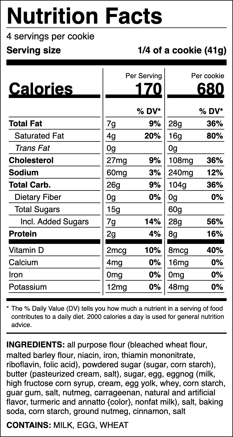 Nutrition label for Eggnog