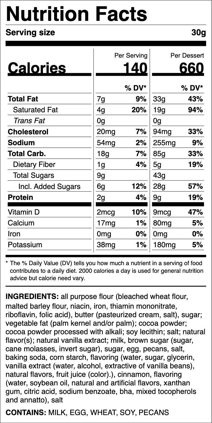 Nutrition label for Pecan Chocolate Chip