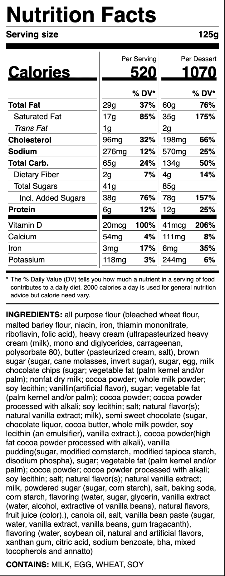Nutrition label for Brookie Pie