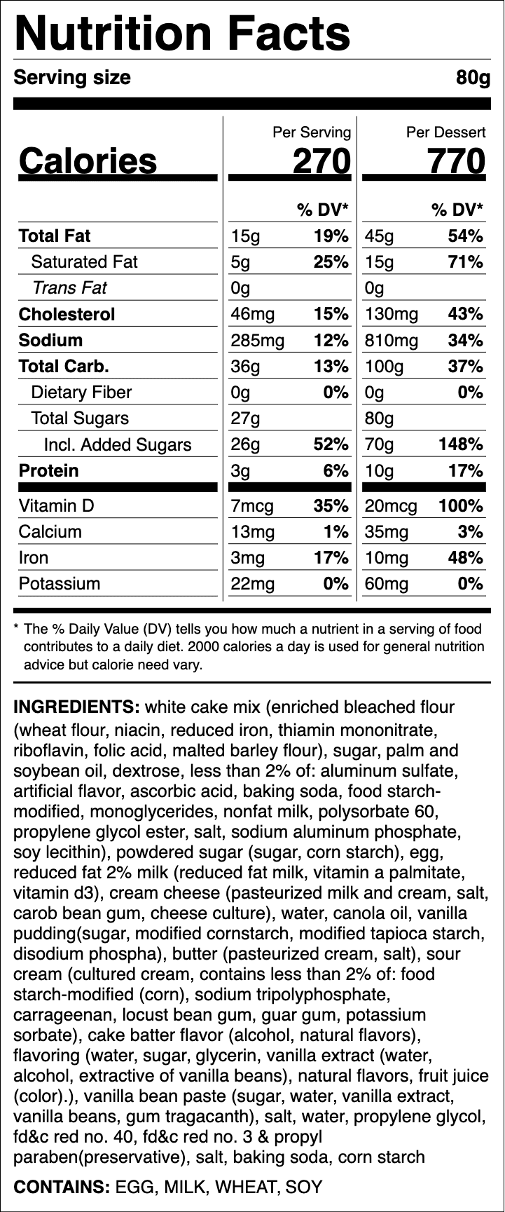 Nutrition label for Pink Velvet Cake