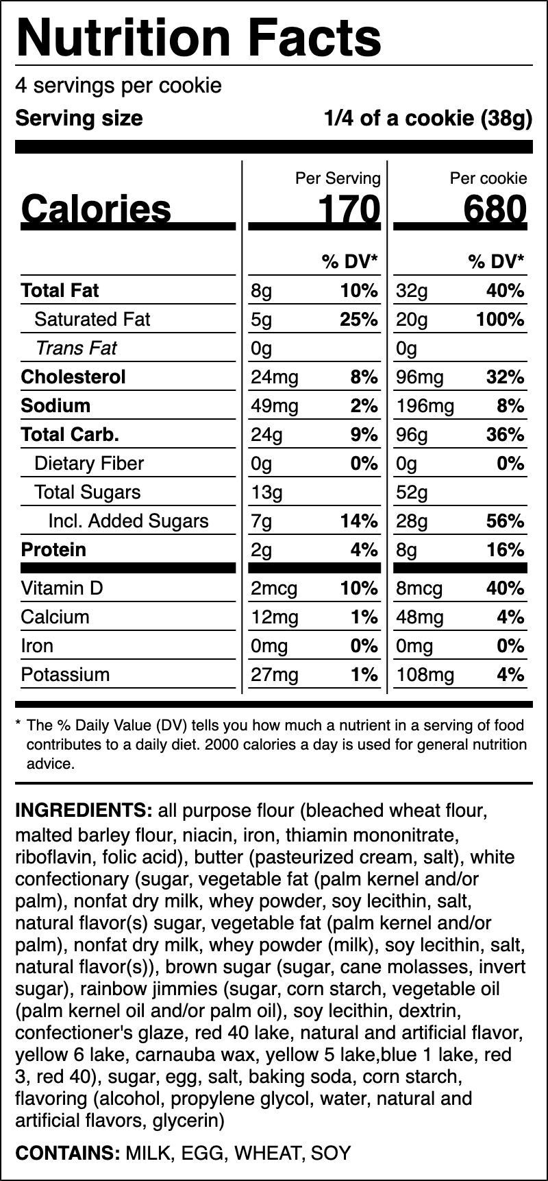 Nutrition label for Cake Batter Blondie