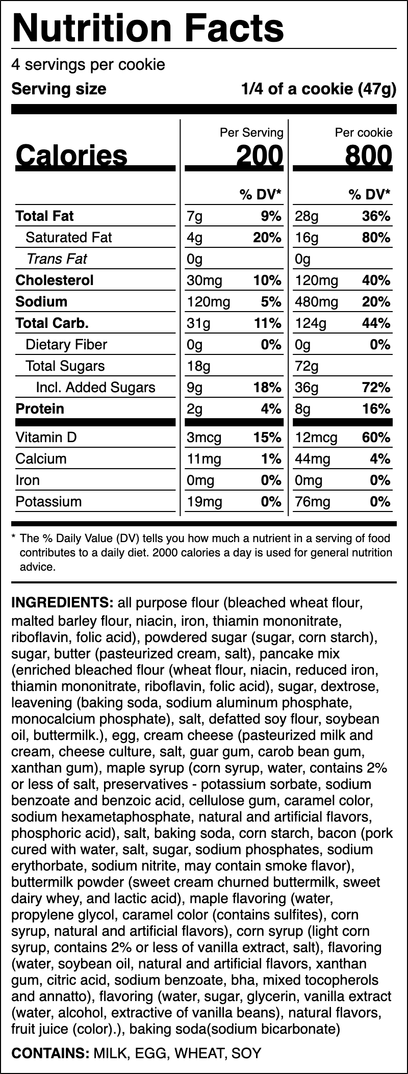 Nutrition label for Maple Bacon