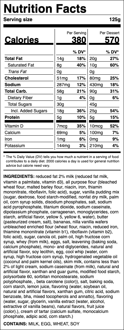 Nutrition label for Banana Cream Pie