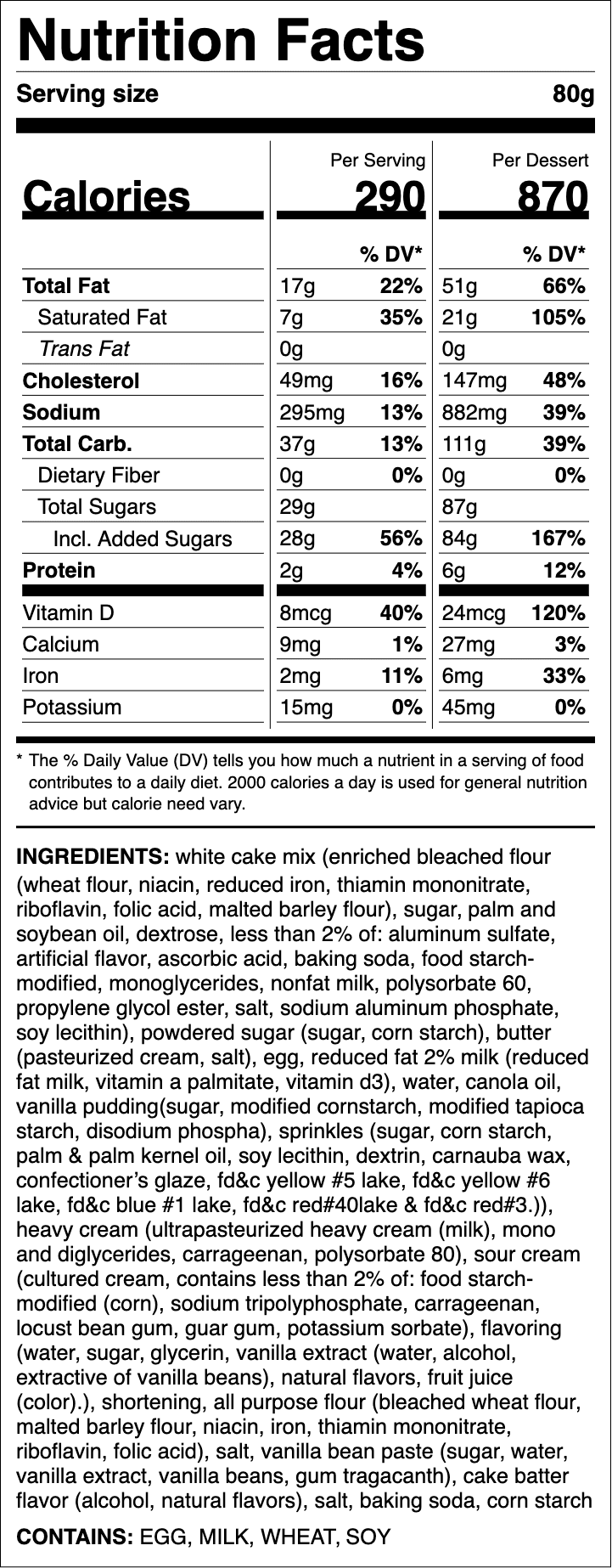 Nutrition label for Confetti Cake
