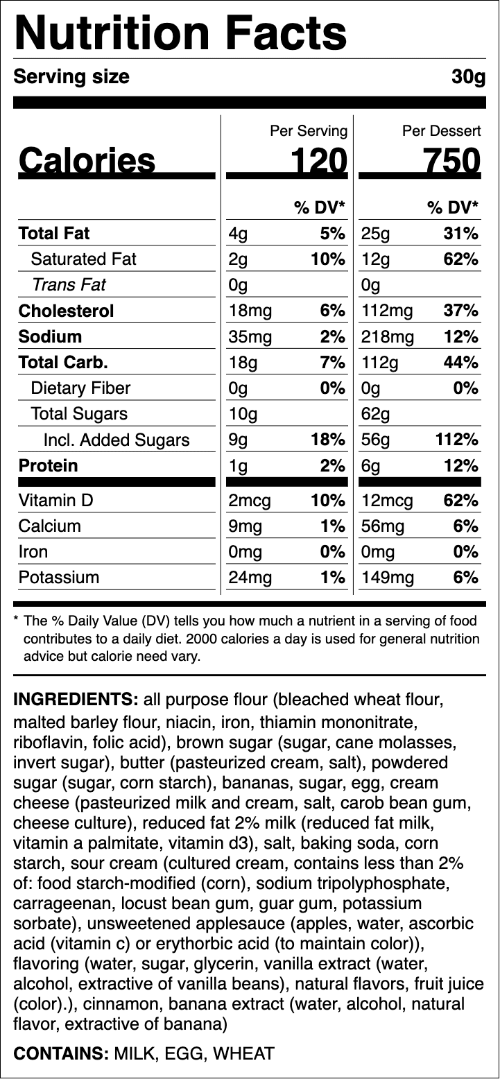 Nutrition label for Banana Bread Cookie